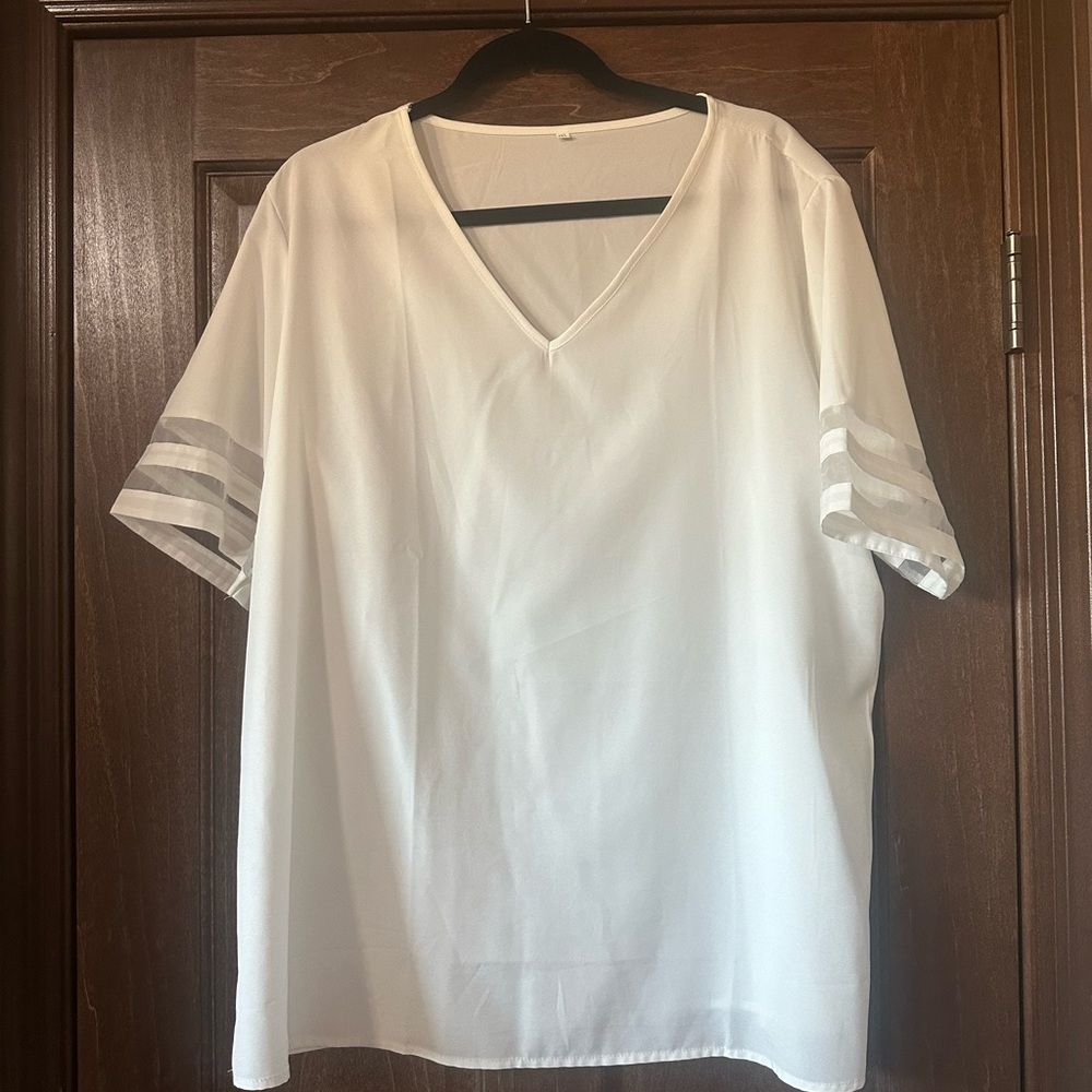 White V-Neck Top with Striped Sleeves